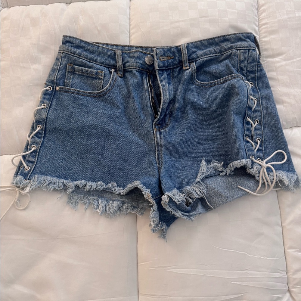 PacSun Distressed Lace-Up High-Rise Denim Shorts in Medium Blue